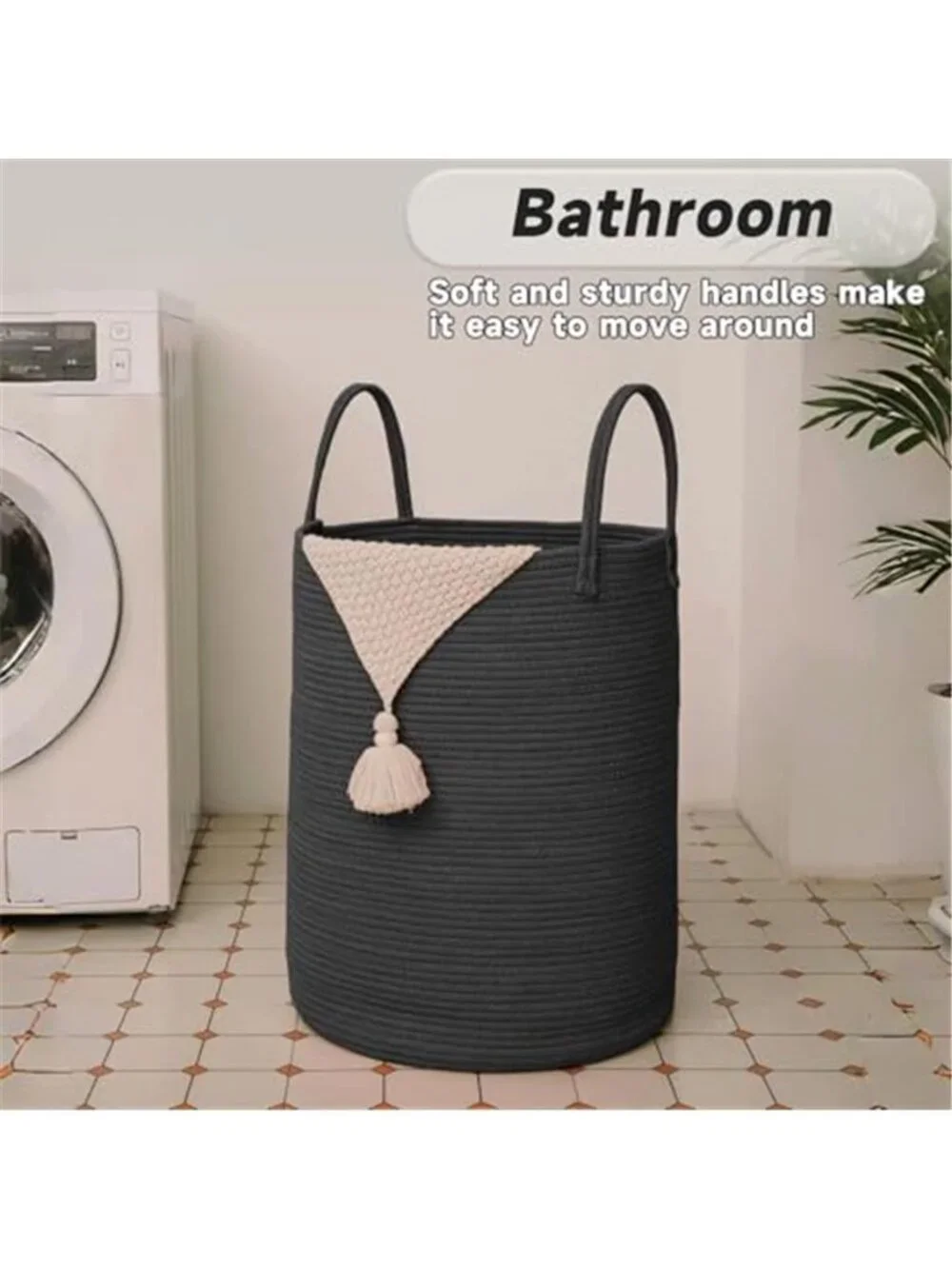 New 60L Cotton Rope Laundry Basket Hamper, Black